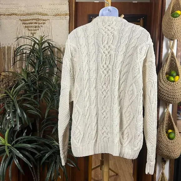 Vintage 80s Abercrombie Cable Knit Fisherman Sweater XL Ivory Oversized Big Tag - Picture 2 of 9